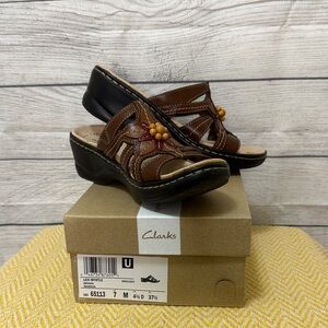 Clarks Lexi Myrtle Brown Mules with Floral and Bead Accents, size 7, worn once